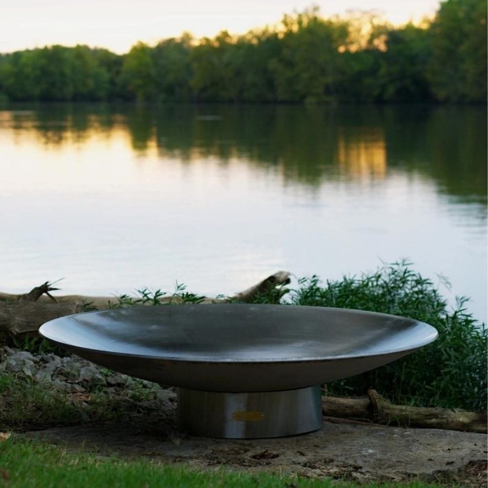 Fire Pit Art Bella Vita 58-Inch Handcrafted Stainless Steel Gas Fire Pit by the Lake