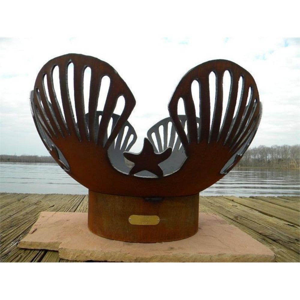 Fire Pit Art Barefoot Beach 42-Inch Handcrafted Carbon Steel Fire Pit (BB) on Wood Planks