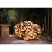 Fire Pit Art Crescent Log Rack in Stainless Steel (CRLR-Stainless) loaded with wood
