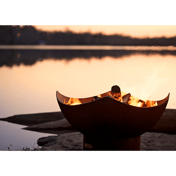 Fire Pit Art Manta Ray - 36" Handcrafted Carbon Steel Fire Pit (MR) Close-Up Shot Beside A Lake - alternate view