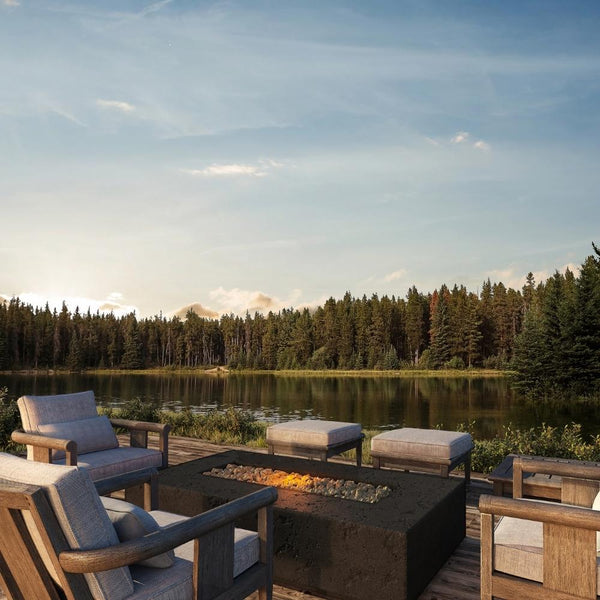 Firegear Sanctuary 56" Rectangular Concrete Gas Fire Pit Table Overlooking Lake