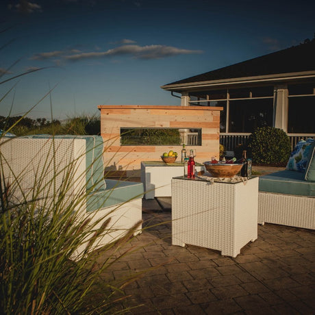 firegear kalea bay vent free outdoor gas fireplace in wide outdoor setting