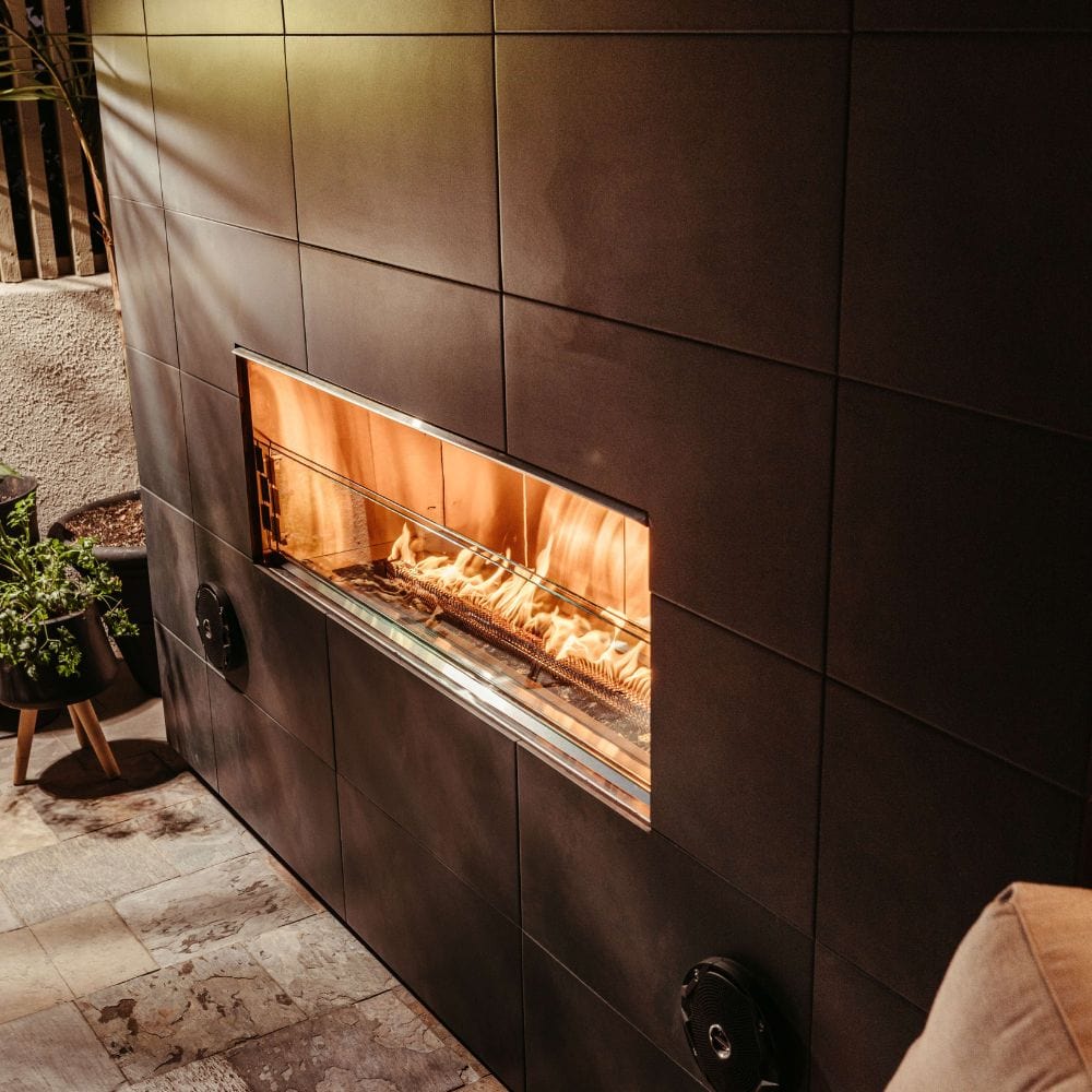firegear kalea bay vent free outdoor gas fireplace with black tile surround