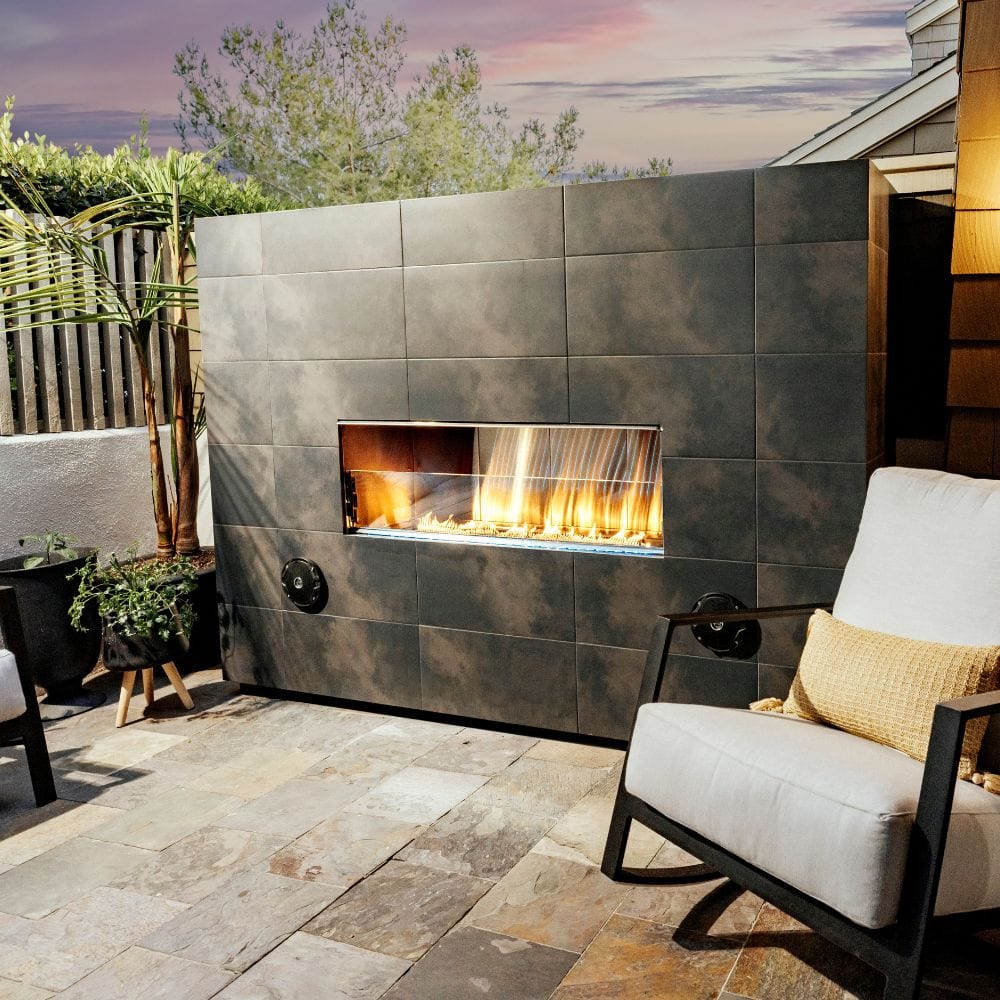 firegear kalea bay vent free gas fireplace with black tiles surround in patio