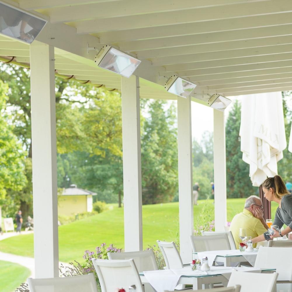 Heatscope Vision 65" White Electric Heaters in Outdoor Dining Area