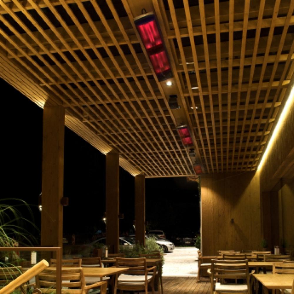 Heatscope Vision 65" Black Electric Heaters in Restaurant Outdoor Dining Area