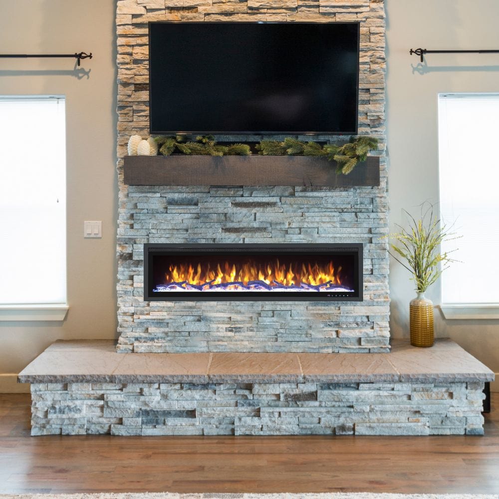 Huntington Fireplaces Sparkling Series Electric Fireplace with logs on diy stone wall