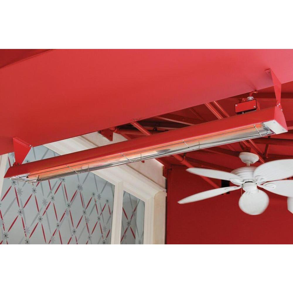 Infratech W Series heater in custom color red ceiling mounted at American Girl Place restaurant