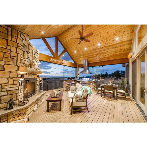 Infratech W Series single element heater wall mounted in indoor/outdoor living space - close-up view