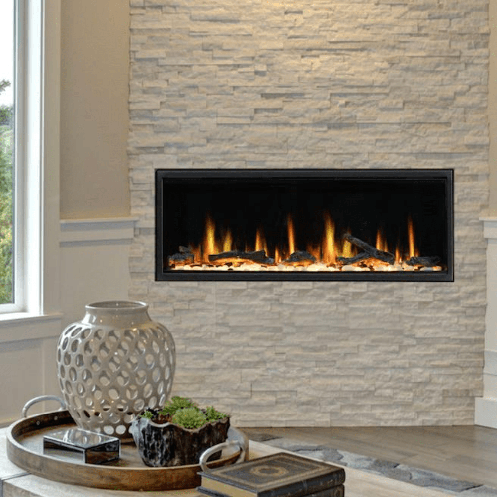 litedeer homes latitude ZEF45 45-inch built-in electric fireplace on white brick wall