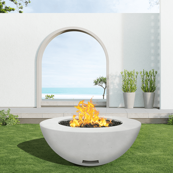 modern blaze round arctic fire bowl with smooth surface in a light outdoor setting