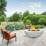 modern blaze round arctic fire bowl with textured surface in a lush garden