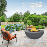 modern blaze round coal fire bowl with smooth surface in a lush garden