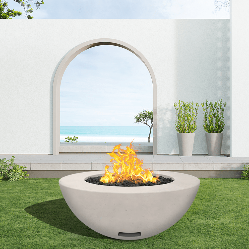 modern blaze round ivory fire bowl with smooth surface in a light outdoor setting