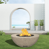 modern blaze round bone fire bowl with textured surface in a light outdoor setting
