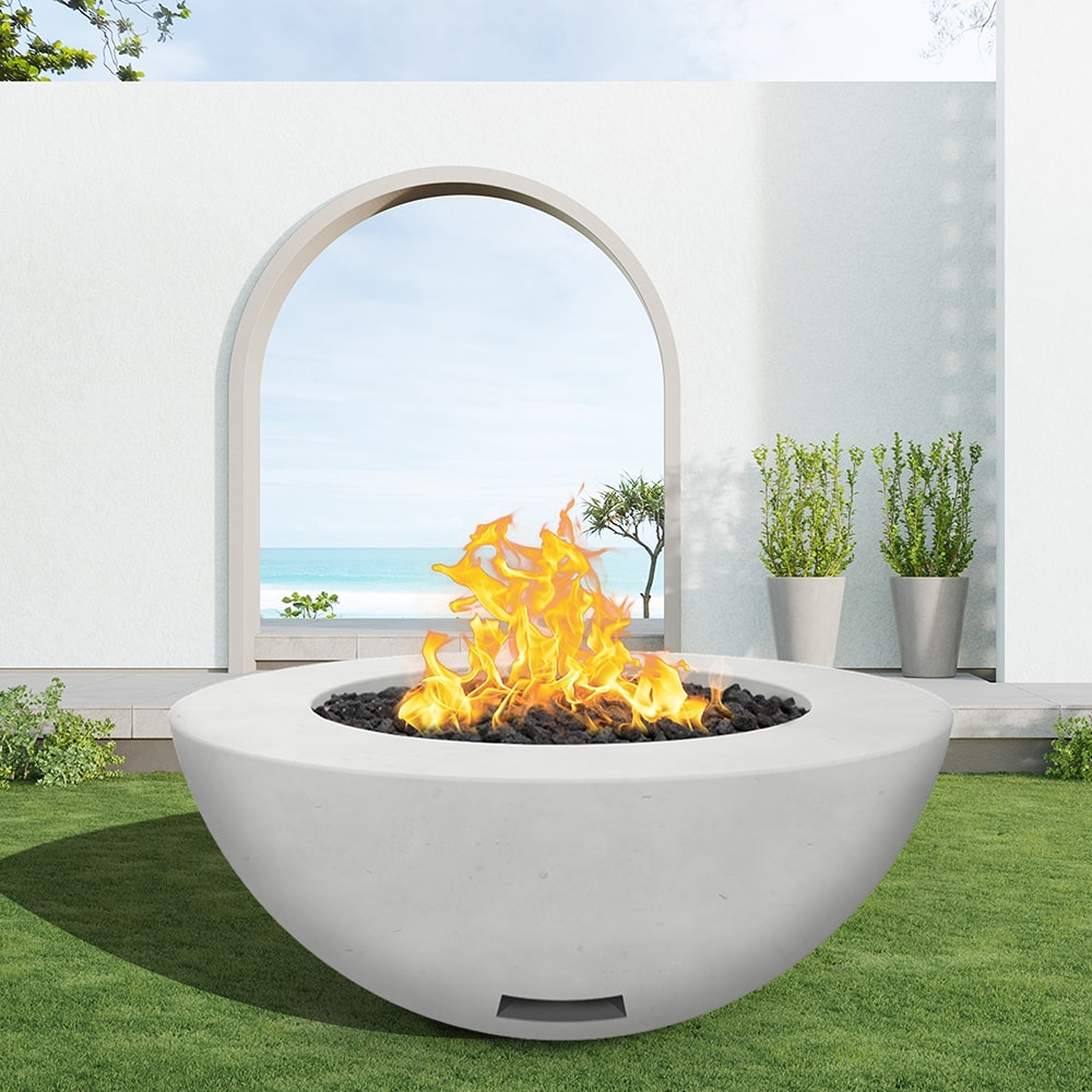 modern blaze round arctic fire bowl with smooth surface in a light outdoor setting