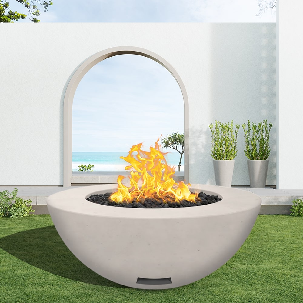 modern blaze round ivory fire bowl with smooth surface in a light outdoor setting
