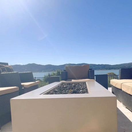 Modern Blaze Lumera Linear Concrete Fire Pit Table by the lake