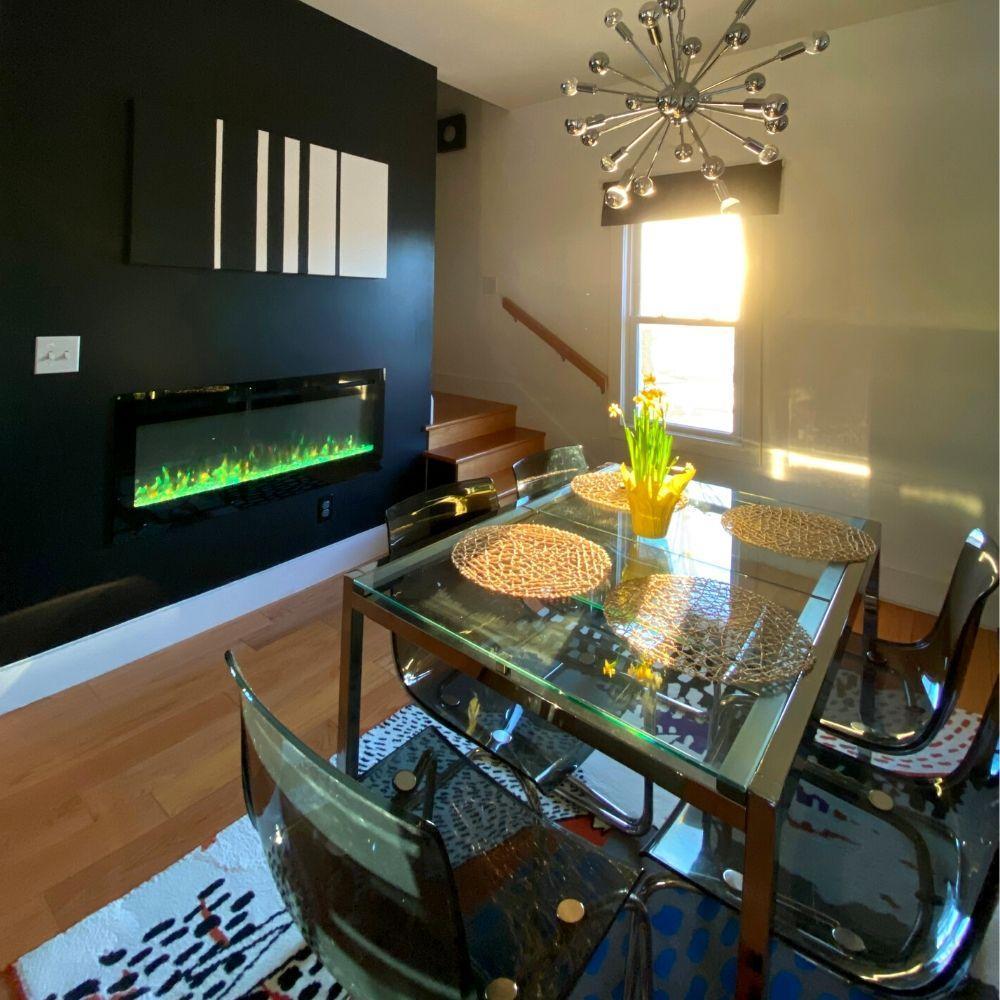 Modern Blaze Electric Fireplace with Green Flame in Dining Area