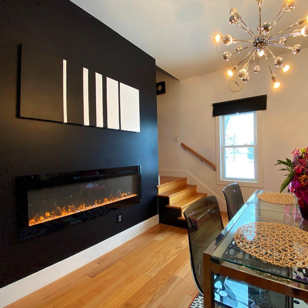 Modern Blaze Electric Fireplace with Orange Flame in Dining Area