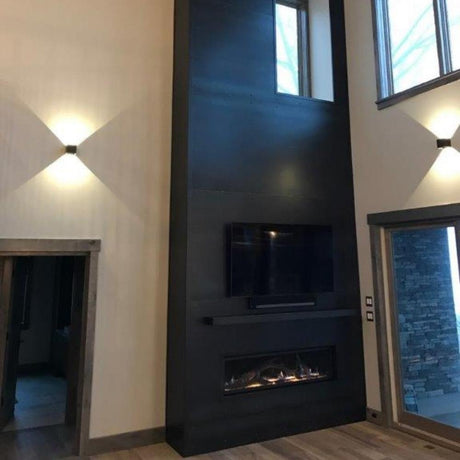 Modern Industrial Black Floating Mantel Shelf Above Electric Fireplace