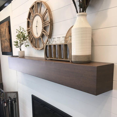 Modern Wood Grain Floating Mantel Shelf with Plant & Bottles on Display