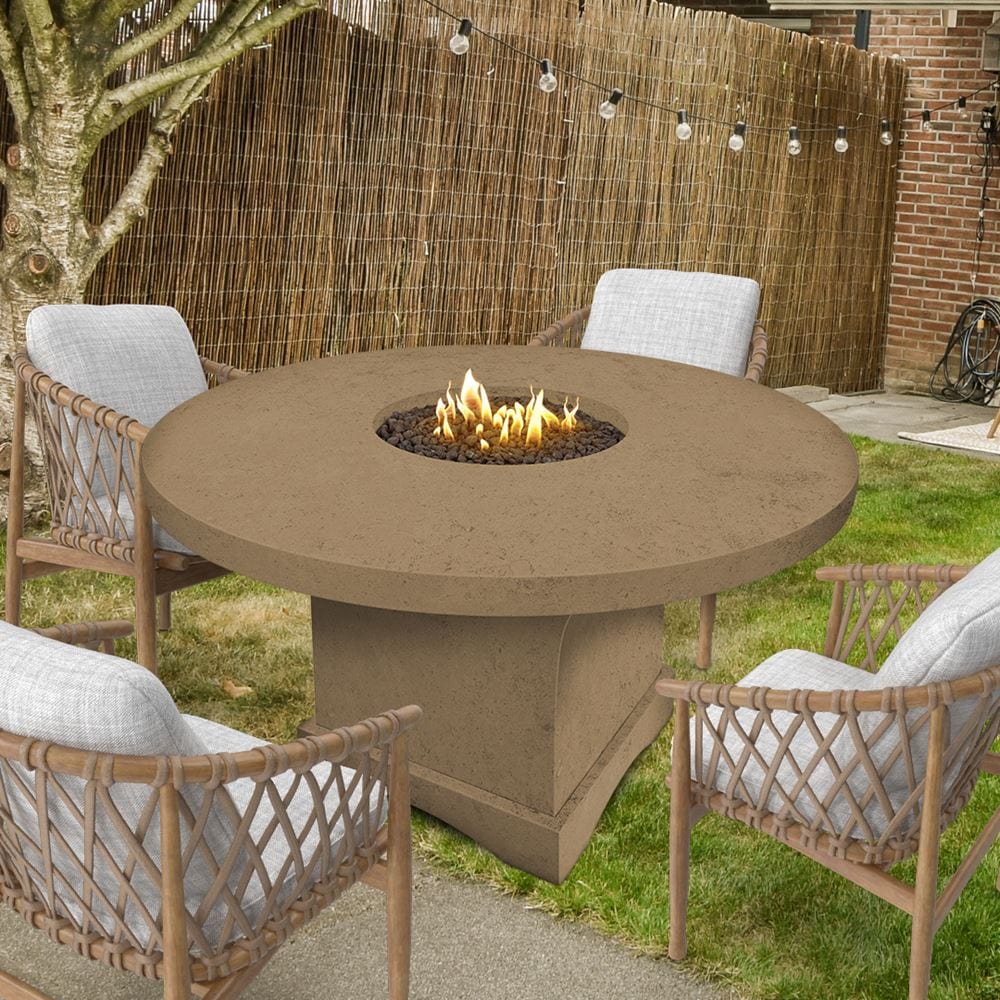 Modern Blaze Mt. Lassen Stone Age Round Fire Pit Table in a cozy backyard setting