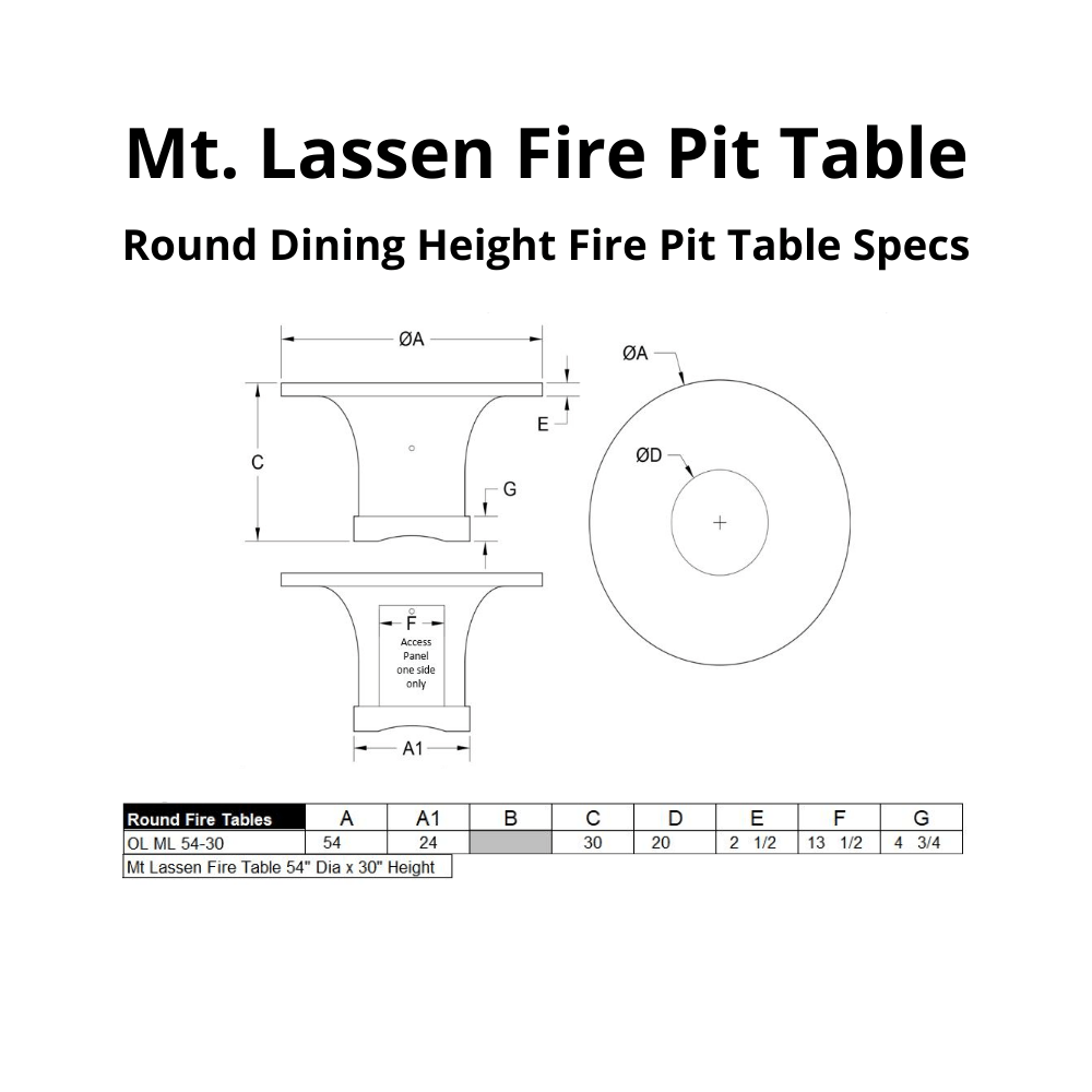 Mt. Shasta Dining Fire Pit Table Specs