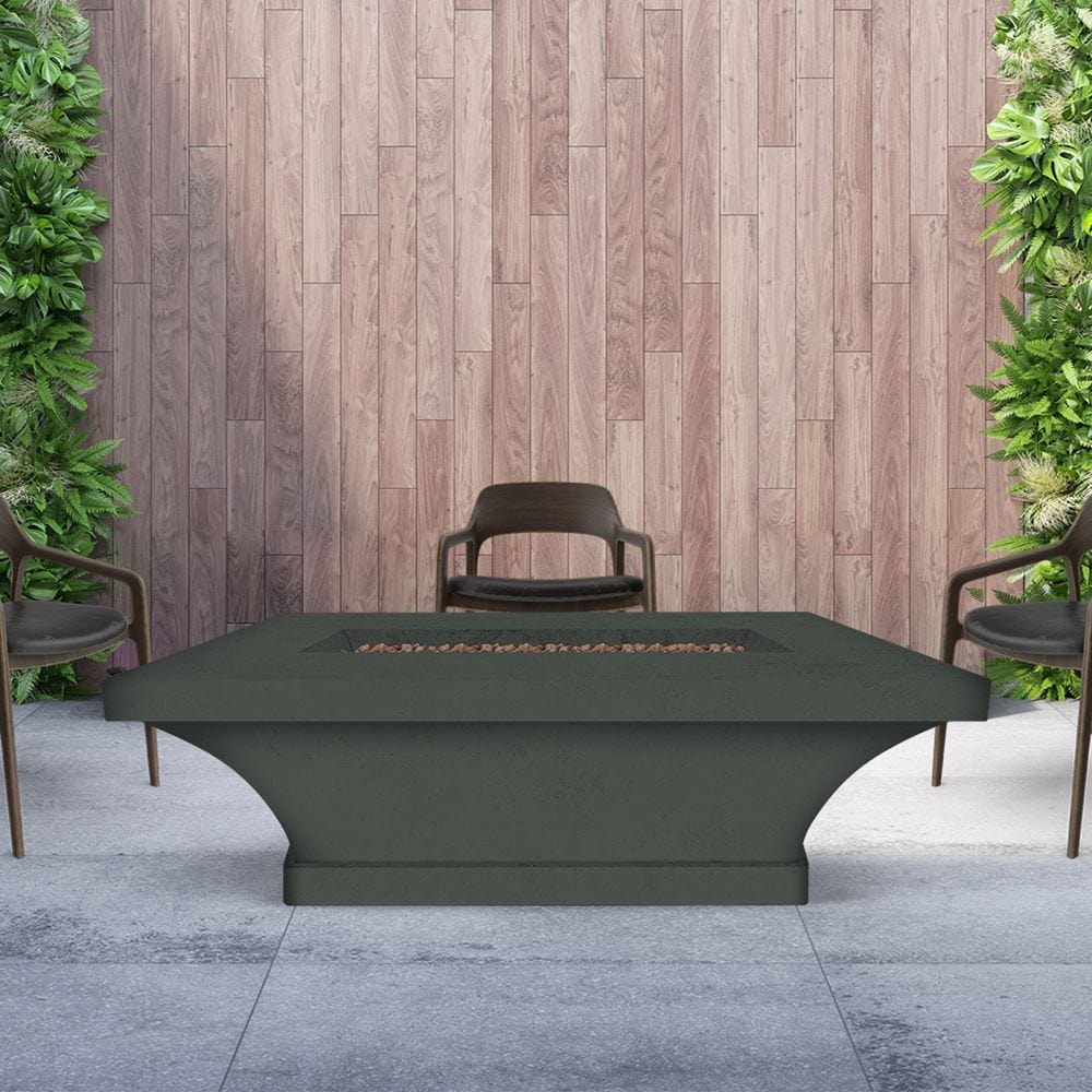 Modern Blaze Mt. Shasta Slate Dining Height Fire Pit Table in a lush patio setting