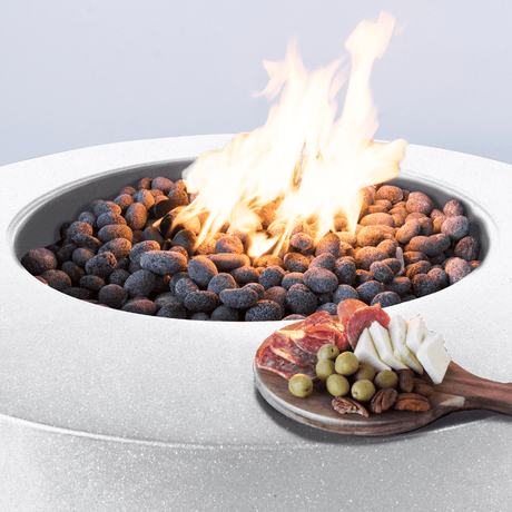 Modern Blaze Oblica Shasta Snow Round Fire Pit burn area with vibrant flames