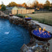 Fountain with modern blaze black fire bowl and blue fire glass