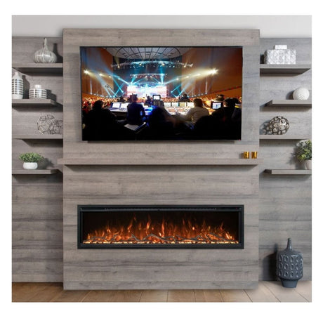 Modern Flames Spectrum Slimline Allwood Wall System Fireplace Driftwood Gray Finish in living room with Fireplace below a TV Screen
