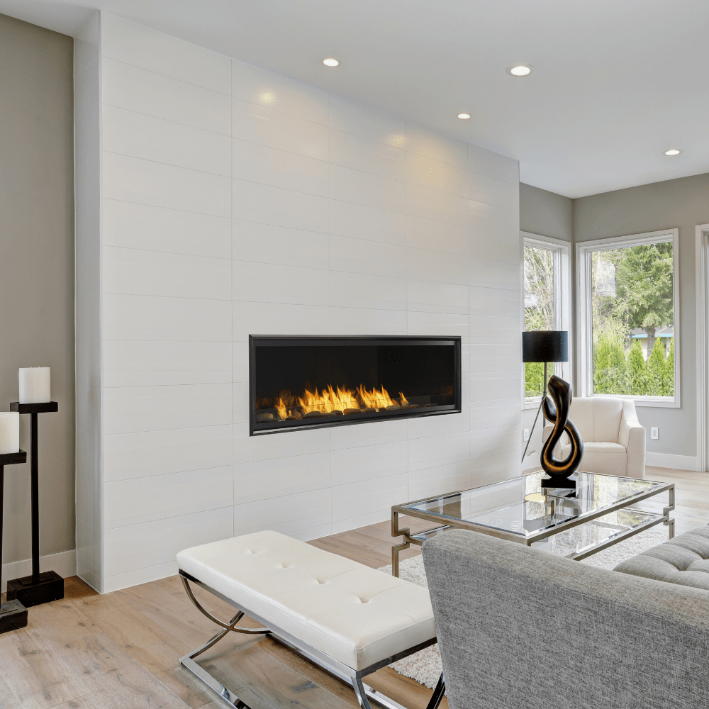 Monessen Artisan 60-inch Vent Free Gas Fireplace on white tiled wall in Living Room