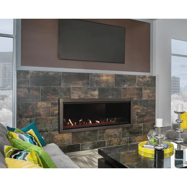 Monessen Artisan Vent Free Gas Fireplace below tv - close-up view
