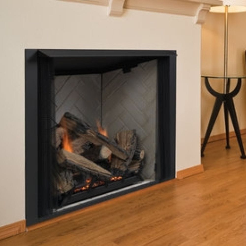 Contemporary Satin Black Front for Lo-Rider Vent Free Gas Firebox shown with Gray Herringbone Liner
