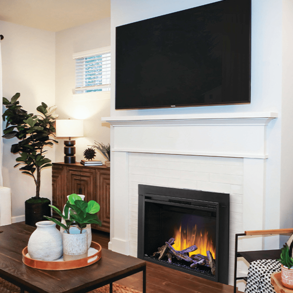Napoleon Element Built-in Electric Firebox in zen living room below the tv