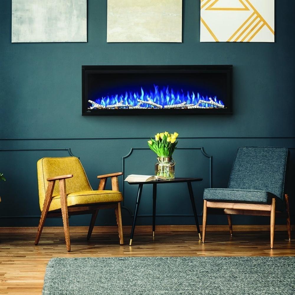Napoleon Entice™ Built-inElectric Fireplace with blue flames mounted in living room