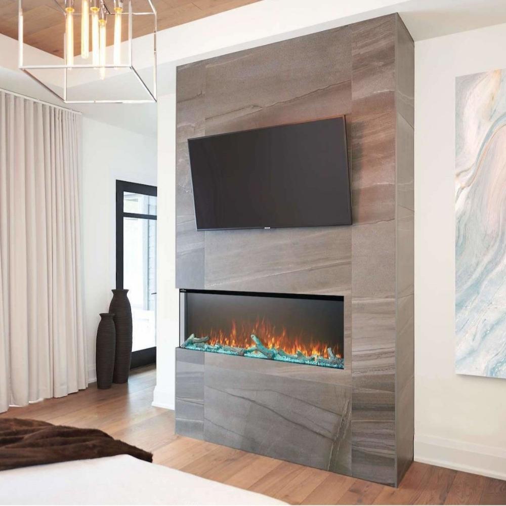 Napoleon 50" Trivista 3-Sided Built-in Electric Fireplace installed on a dividing wall