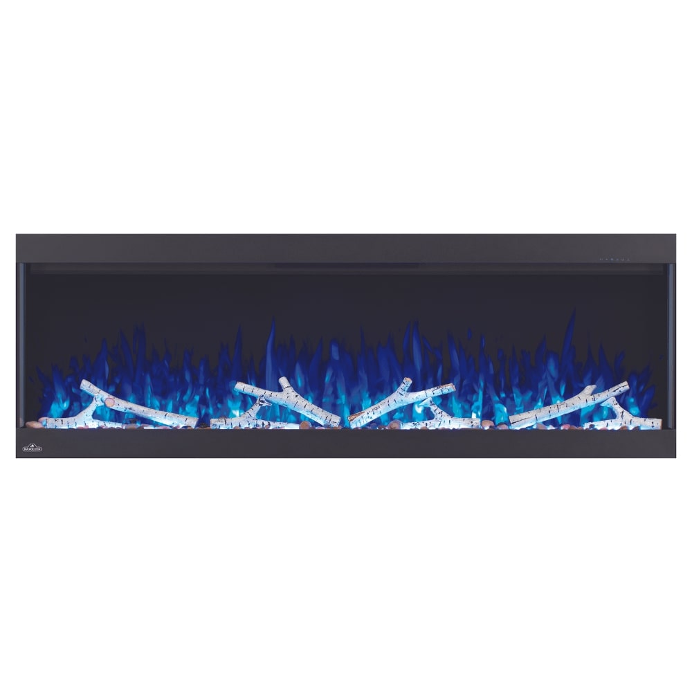 Napoleon Trivista Pictura 50-Inch Electric Fireplace with blue flames, driftwood logs