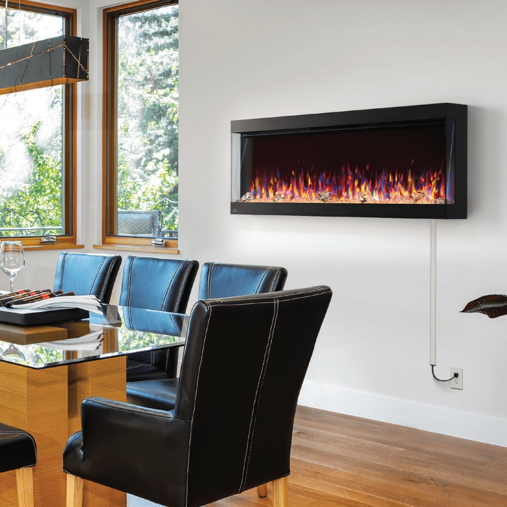 Napoleon Trivista Pictura 3-Sided Wall Mounted Electric Fireplace in dining room