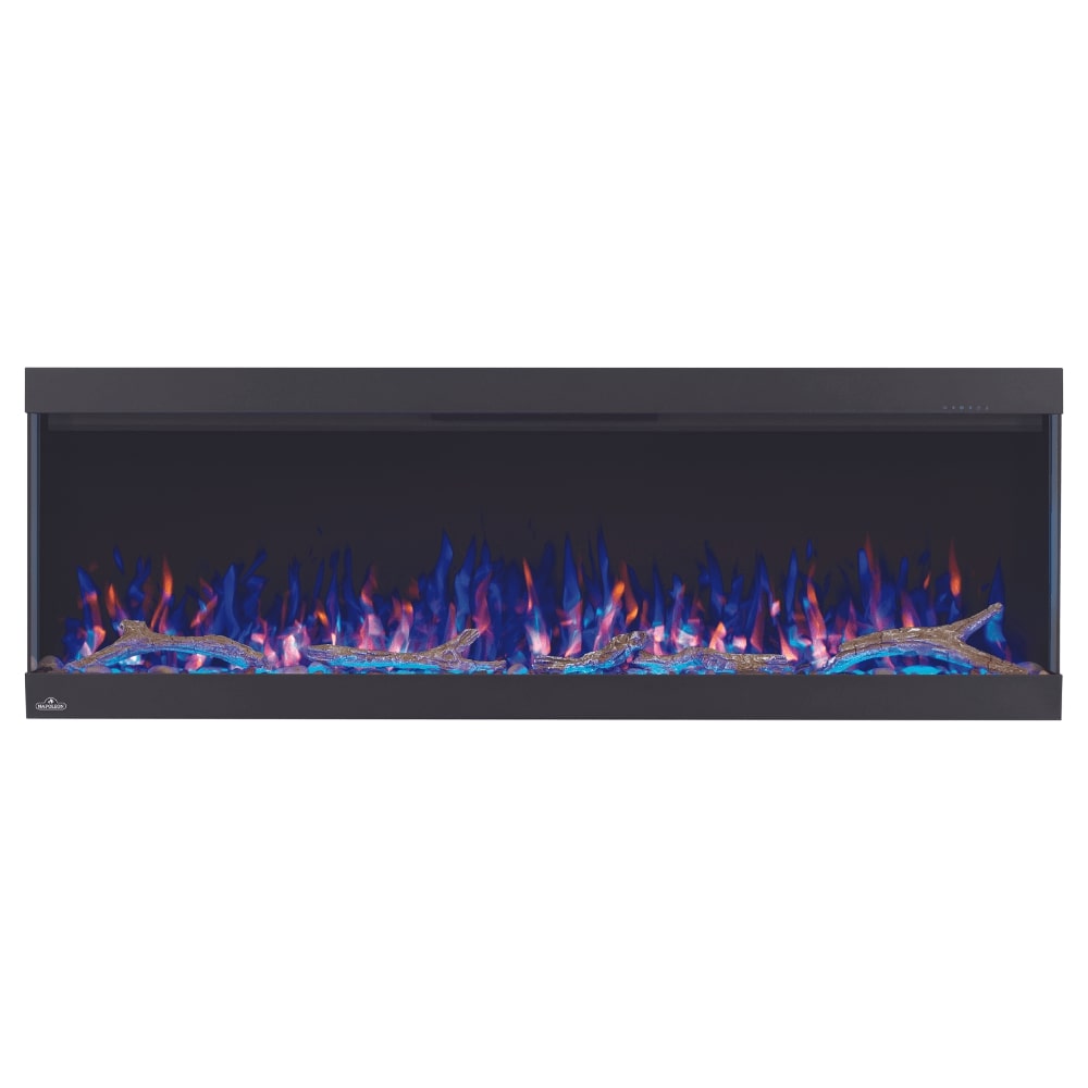 Napoleon Trivista Pictura 50" Electric Fireplace with blue orange flames, driftwood logs