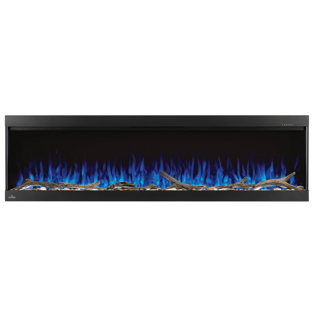 Napoleon Trivista Pictura 60-Inch Electric Fireplace with blue flames and driftwood logs