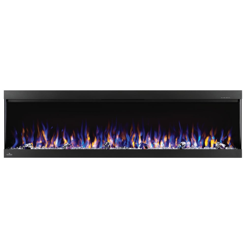 Napoleon Trivista Pictura 50-Inch Electric Fireplace with blue yellow flames, crystals
