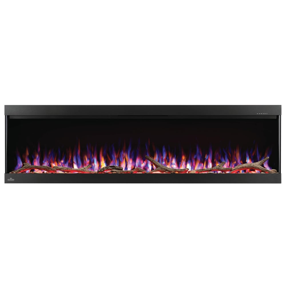 Napoleon Trivista Pictura 50-Inch Electric Fireplace with blue orange flames, logs
