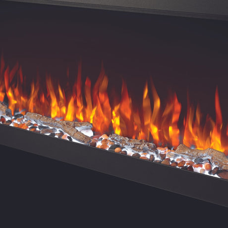 Napoleon Trivista Pictura Electric Fireplace with orange flames and driftwood logs