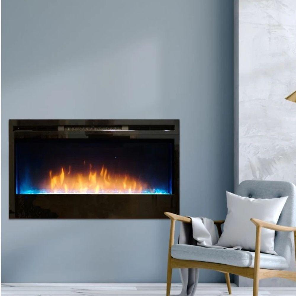 Nexfire 34" Linear Built-in/Wall Mounted Electric Fireplace beside a chair