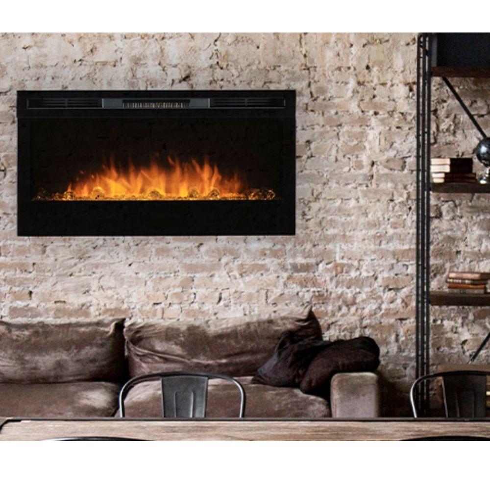 Nexfire 34" Linear Built-in/Wall Mounted Electric Fireplace recessed onto a brick wall
