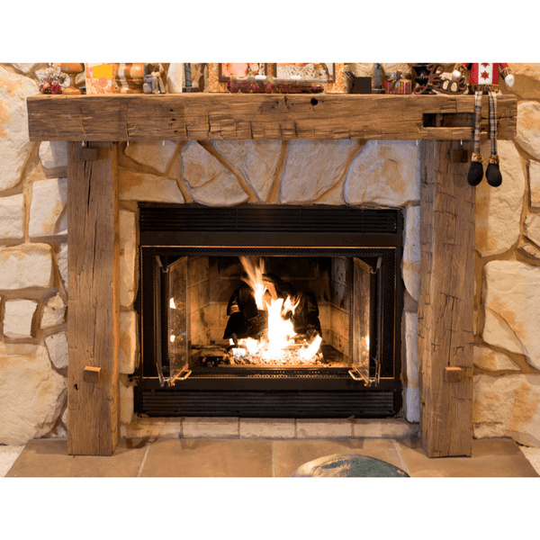 olde wood hand hewn fireplace mantel with natural tung oil finish - room setting