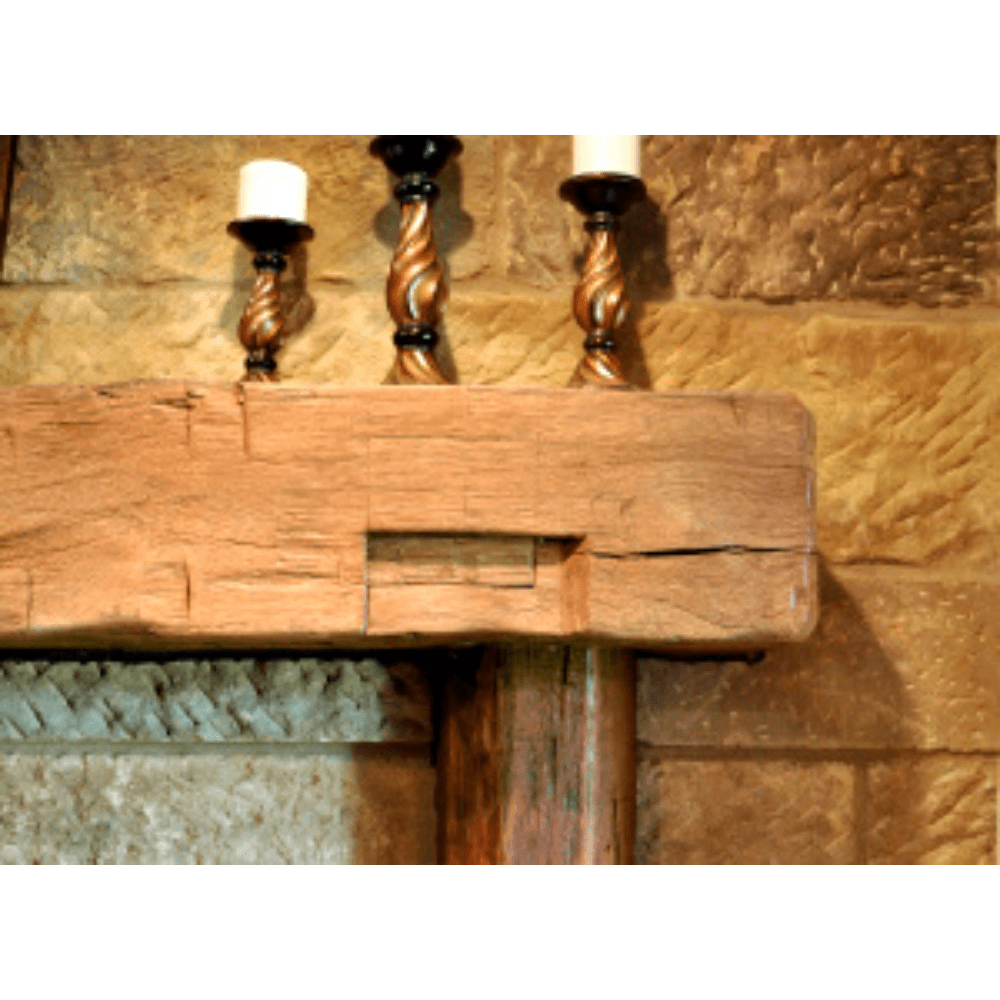 olde wood hand hewn wooden fireplace mantel in light brown finish