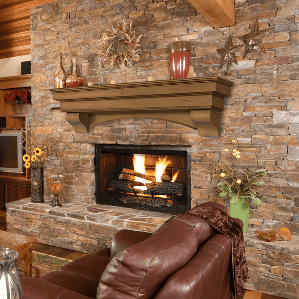 Pearl Mantels Celeste Dune Wood Mantel Shelf above fireplace